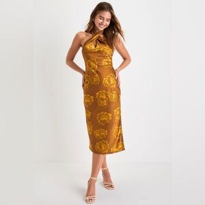 Luminous Darling Dark Gold Satin Floral Halter Midi Dress